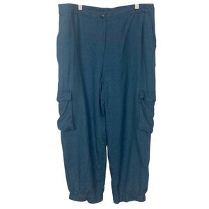Foil Blue Linen Cargo Pants Womens 10 Fit Larger Relaxed Cropped Lagenlook Beach